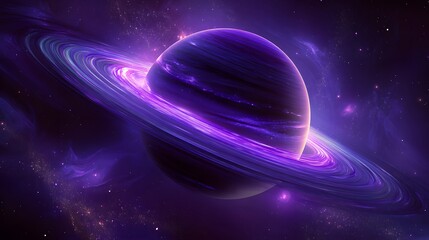 Vivid Visualization of a Glowing Purple Planet with Ethereal Rings in Cosmic Space