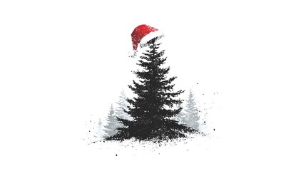 Elegant Minimal Christmas Tree Silhouette with Stylish Santa Hat Accent - Ideal Vector Icon for Modern Holiday Branding and Design
