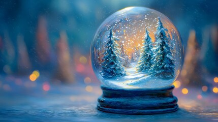 Enchanting Christmas Snow Globe with Curved Fir Trees and Vibrant Brushstroke Style Creating a Luminous Holiday Winter Scene