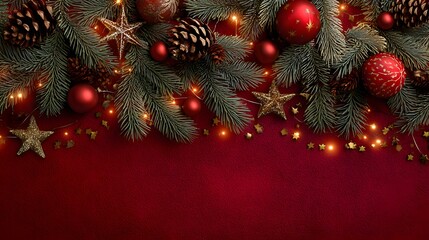 Elaborate Christmas Border Featuring Pine Branches, Ornamental Red Details, Pinecones, Golden Stars, and Radiant Warm Lights on a Rich Red Backdrop