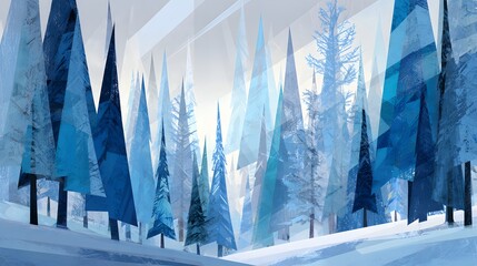 Intricate Stylized Winter Forest Scene Featuring Snow-Covered Pine Trees and Abstract Blue Geometric Forms Representing Trees in a Surreal Minimalist Atmosphere