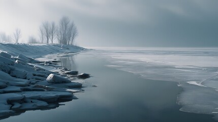 Enchanting Frozen Lake and Snowy Shoreline in a Muted Winter Landscape with Crisp Ice Formations and Delicate Light Accenting a Peaceful, Mysterious Ambiance