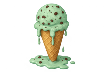 Mint chocolate chip ice cream melting on cone