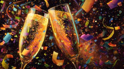 Dynamic Illustration of Sparkling Champagne Flutes Clinking Amid Radiant Stars and Cascading Confetti in a Vibrant, Jubilant Celebration