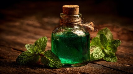 Intricate rendering of a mystical green potion showcased in an ornate small glass bottle with a rustic cork top and an elegantly arranged mint leaf under ambient lighting