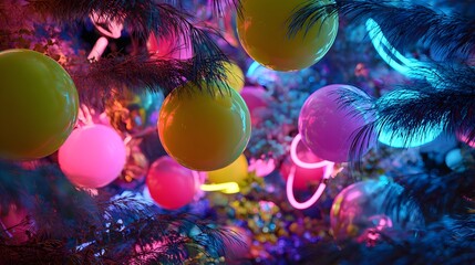 Electric Neon Balloons and a Creatively Designed Christmas Tree Set Against a Vibrant, Dynamic Backdrop Capturing the Christmas Spirit