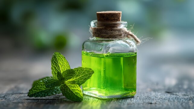 Detailed close-up illustration of a vibrant green elixir captured in a miniature glass bottle with a cork stopper and a precisely placed mint leaf accent