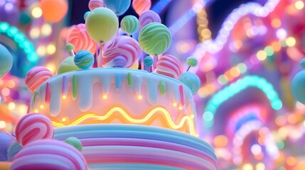 Futuristic Celebration with Neon Inflatable Cake and Balloon Ornaments on a Dynamic Colorful Background Highlighting Subtle Christmas Lighting and Playful Holiday Whimsy