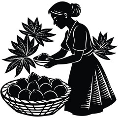 Woman Harvesting Fruit Silhouette in Basket Illustration Vector Image on White Background