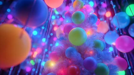 Electric Neon Balloons and a Creatively Designed Christmas Tree Set Against a Vibrant, Dynamic Backdrop Capturing the Christmas Spirit