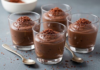Rich chocolate mousse desserts served in clear glasses with shaved chocolate topping, perfect for dessert lovers.