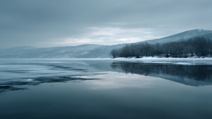 Mesmerizing Winter Vista: Vast Frozen Lake and Snowy Shoreline with Subtle Hues and Serene Reflections Creating a Tranquil and Almost Surreal Frozen Panorama