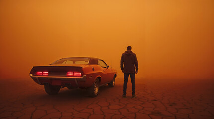 Man and a classic muscle car on dry cracked earth in an orange dystopian landscape