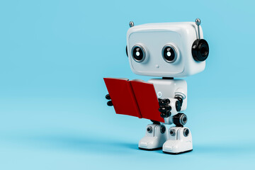 3D robot character reading red book on blue background