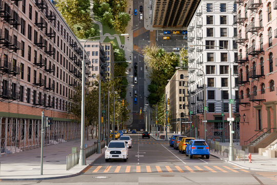 3D vertical blended city street framed by brick buildings
