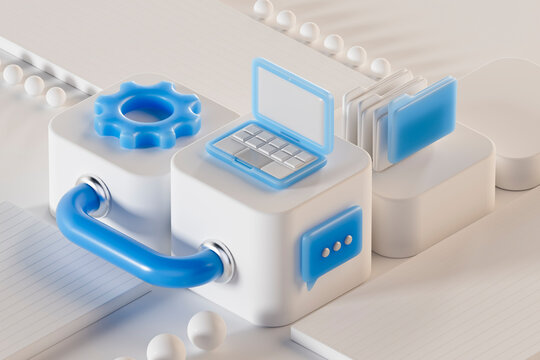 3D tech gear with laptop and communication icons