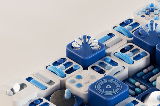 3D blue control modules in minimal tech grid