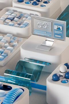 3D digital dashboard screen over flowing data stream