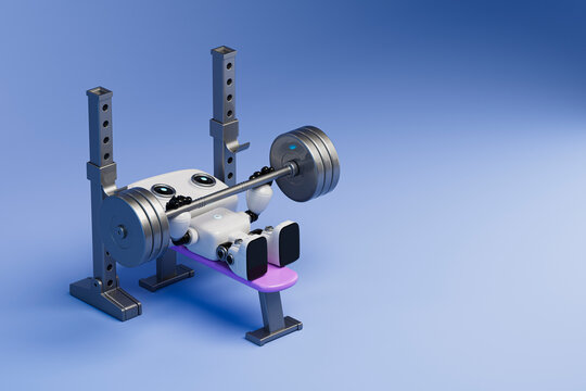3D robot lifting weights on gym benchpress machine