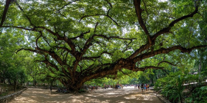 Breathtaking Scenic View of a Majestic Monkey Pod Tree in Kanchanaburi, Thailand - A Nature Lover's Paradise for Spring Travel Adventures