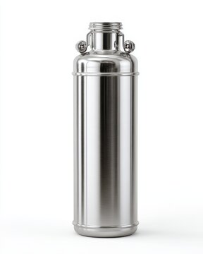 Isolated Cryogenic Dewar Flask: Sleek Metal Reservoir Thermos Bottle on White Background