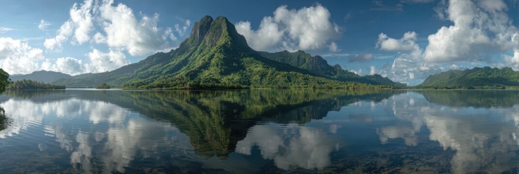 Breathtaking Landscape of Kosrae: Tranquil Lake Under Clear Sky Surrounded by Majestic Mountains and Lush Nature
