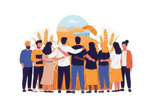 Diverse group of people embracing in front of a globe and wheat stalks symbolizing unity and global community - Powered by Adobe