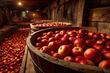 Harvest Time: Bushels of Vibrant Red Apples at a Rustic Cider Mill in Autumn Glory
