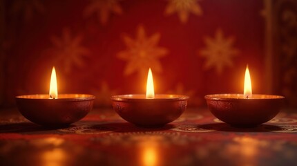 Three traditional brass diya lamps burning during the Hindu festival of Diwali