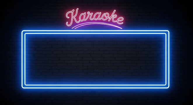 Neon karaoke sign with a blank blue rectangle for text on a dark wooden background