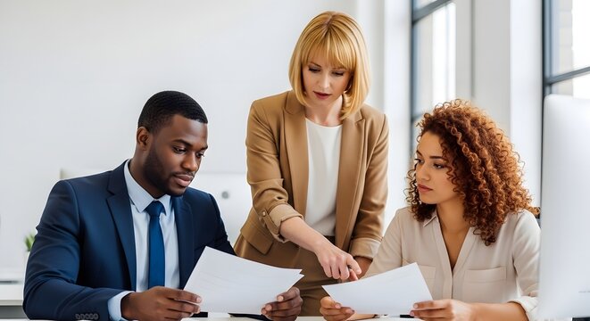 Business team concept Diverse business team collaborating on a project in a modern office setting, discussing documents