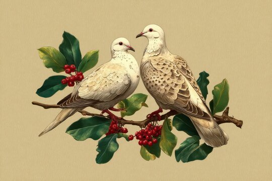 Festive Illustration of Two Turtle Doves Celebrating the 12 Days of Christmas in a Joyful Holiday Scene