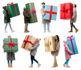 PNG People carrying large gift boxes, element set on transparent background