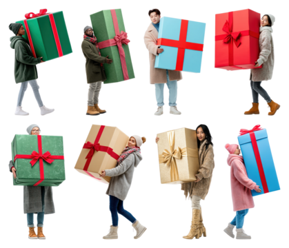 PNG People carrying large gift boxes, element set on transparent background - Powered by Adobe
