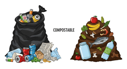 Waste Management Trash vs Compostable Piles Illustration Vector illustration comparing non-compostable trash with a pile of compostable organic waste recycling