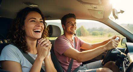 car trip Happy couple enjoying a road trip together, laughing and driving through scenic countryside