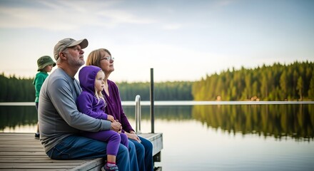 Family enjoying a peaceful moment together on a wooden dock by a serene lake, looking out at the horizon