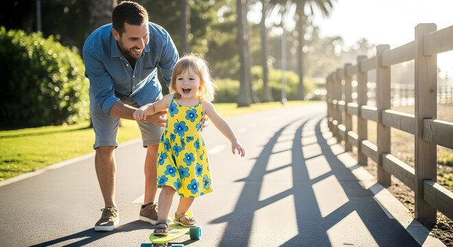 Father teaching his happy daughter to ride a skateboard on a sunny day in a park with a wooden fence - Powered by Adobe