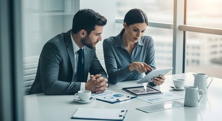 Office concept Two business professionals collaborating on a tablet while reviewing documents at a modern office table