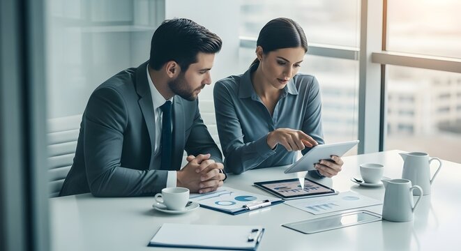 Office concept Two business professionals collaborating on a tablet while reviewing documents at a modern office table