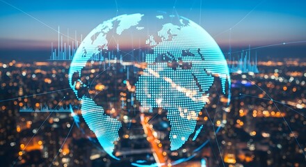 Digital globe with glowing continents and data streams over a blurred city skyline at night