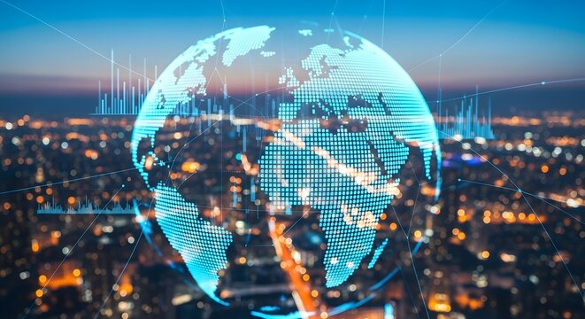 Digital globe with glowing continents and data streams over a blurred city skyline at night - Powered by Adobe