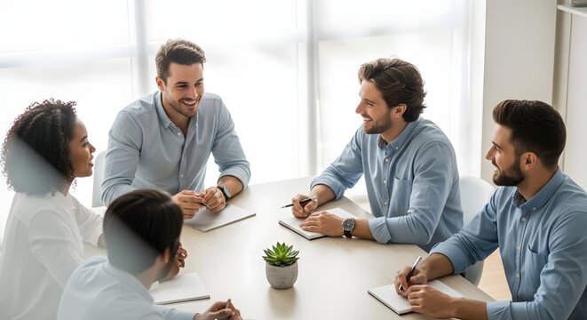 Diverse group of professionals collaborating in a modern office meeting room, discussing ideas