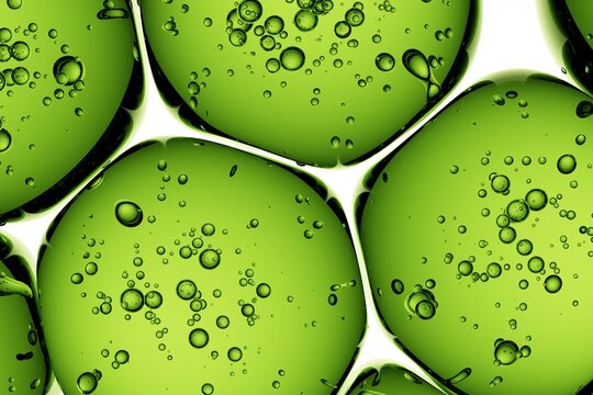 Macro view of green gel spheres enriched with microbubbles, designed for eco-tech ads, science branding, and future-forward digital compositions
