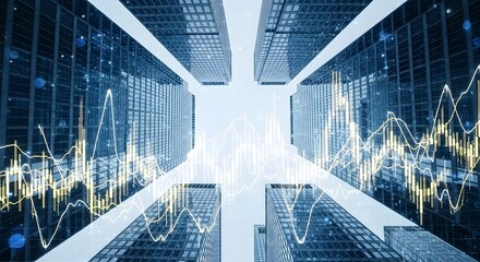 Financial concept Abstract financial graph overlayed on modern skyscrapers, symbolizing economic growth and urban development