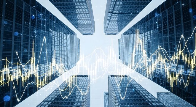 Financial concept Abstract financial graph overlayed on modern skyscrapers, symbolizing economic growth and urban development