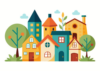 Town illustration with houses and trees
