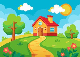 Fototapeta premium House on a green hill landscape