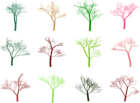 Colorful tree silhouettes against a black background creating a forest of abstract art pieces