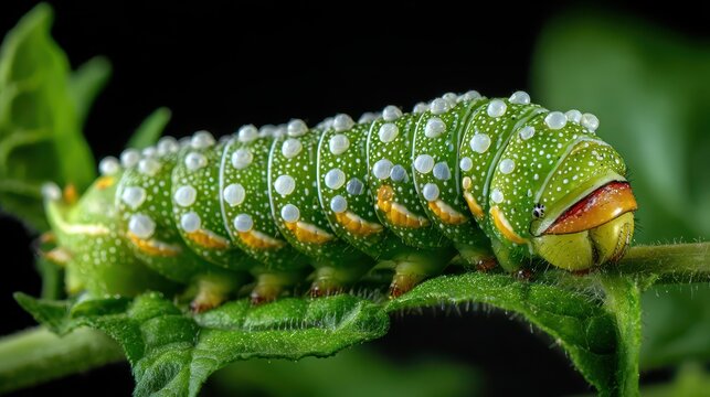 Closeup of Tomato Hornworm Infested with Wasp Eggs in a Vibrant Garden Setting